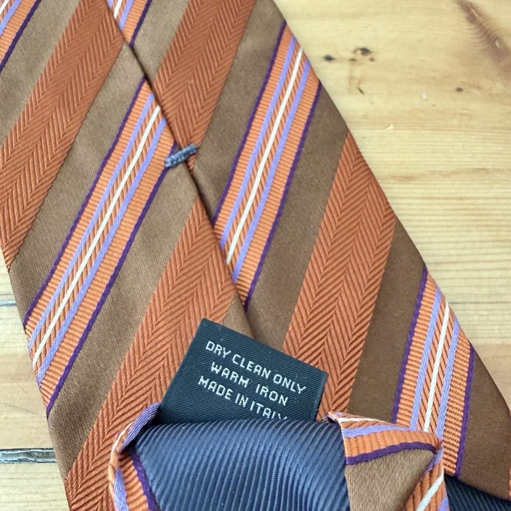Ermenegildo Zegna Tie Silk Orange Brown Stripe Designer Made in Italy 3.75 x 58